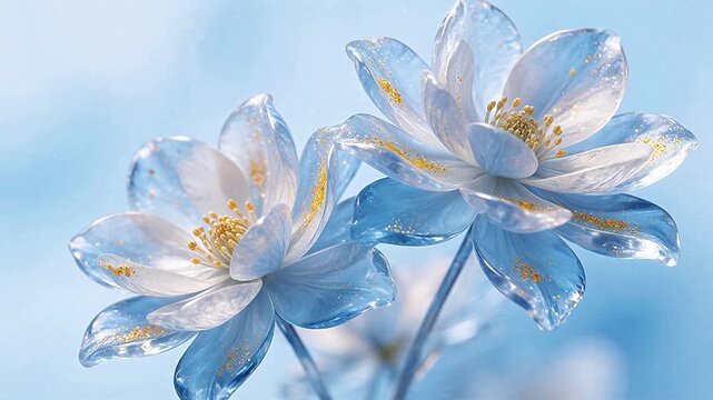 Blue translucent flowers with golden stamens