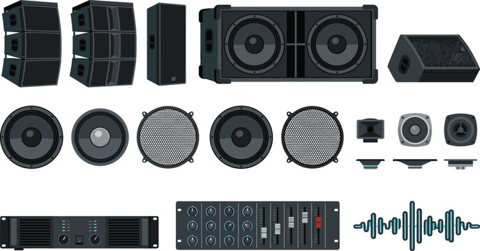 Professional Audio Speaker and Sound System Vector Icon Set with Subwoofers Stage Monitors Mixers and Amplifiers for Music Events