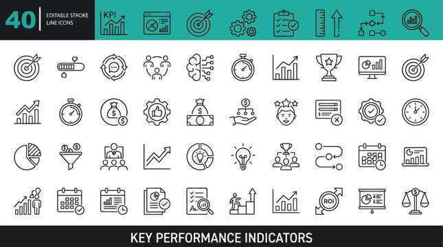 Comprehensive Collection of Fifty Professional Key Performance Indicators Line Icons Set Featuring KPI Measurement Analytics Management Objectives and Business Strategy Growth Symbols