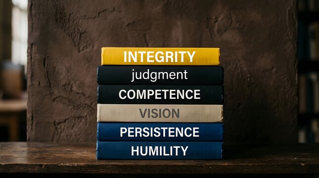 Stack of six colorful books on a dark wooden shelf, each spine labeled with leadership virtues including integrity, judgment, competence, vision, and humility