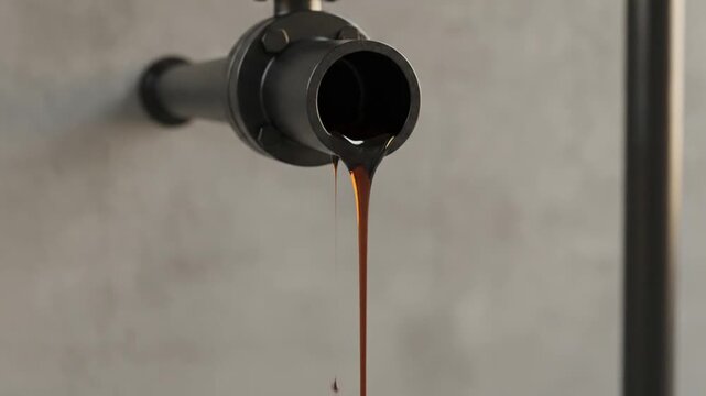A viscous, dark brown liquid drips from a black industrial pipe, transitioning from a single large droplet into a steady, thin stream against a neutral concrete wall.