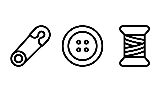 Set of Sewing Icons: Safety Pin, Button, and Thread Spool