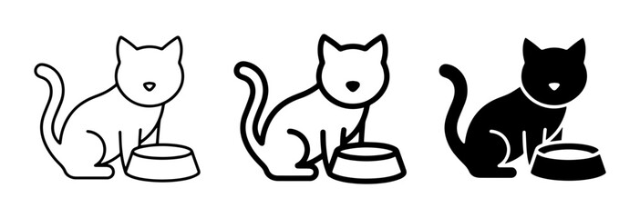 Obraz premium Cat feeding icon set for pet care and veterinary services outline, solid and color styles, white background
