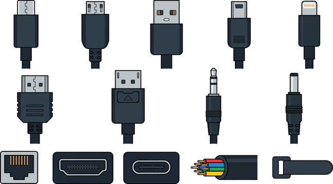 Computer Cable Connectors and Hardware Port Icon Set with USB Type C HDMI DisplayPort Audio Jack and Ethernet Symbols