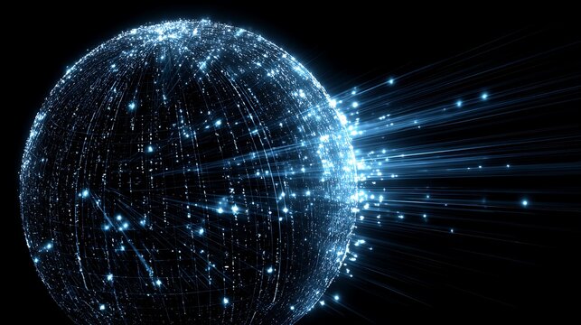 Digital network globe with glowing blue light particles and high speed data streams bursting into dark empty space representing global connectivity and cloud computing