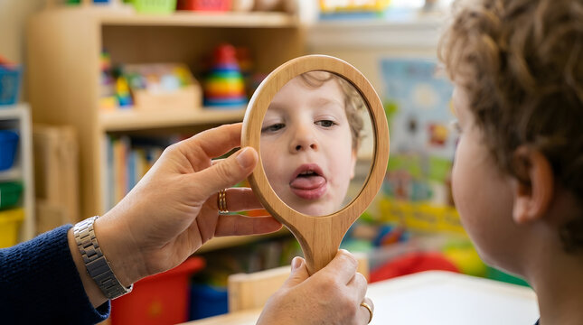 Young Boy in Speech Therapy Session | Pediatric Communication Exercise with Mirror | Early Childhood Development and Oral Motor Skills Training | Child Reflection and Language Support Specialist