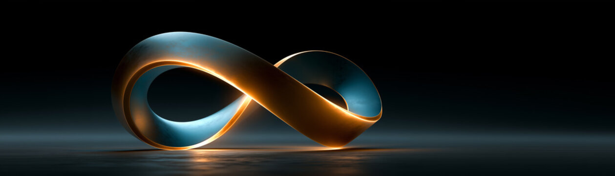 mobius strip symbolizing infinity in futuristic metallic design, metallic mobius strip floating in minimalist dark environment, abstract infinite loop with impossible geometric form
