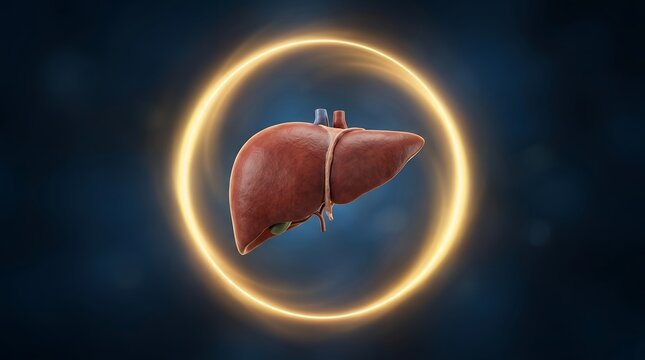Human liver organ anatomy with glowing protective ring on dark blue background.