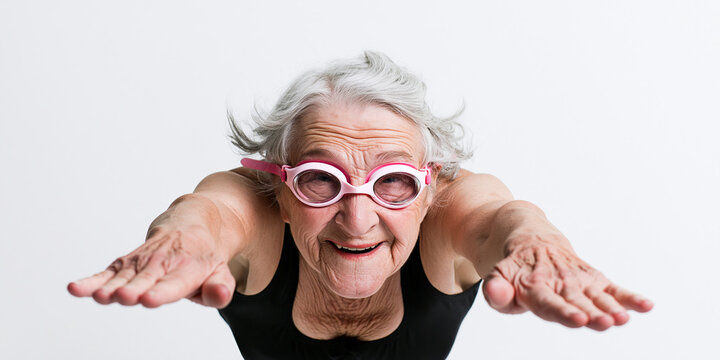 Senior Person Smiling While Wearing Swimming Goggles and Cap Close Up Portrait