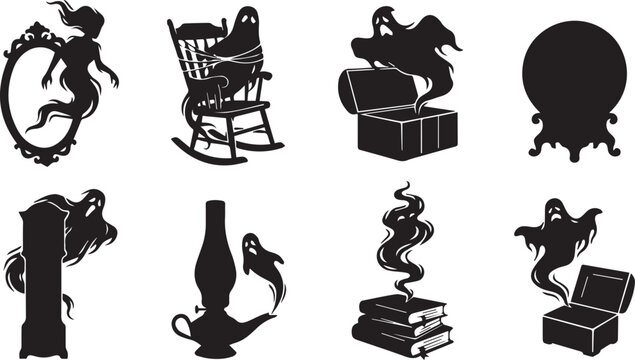 WebHaunted House Poltergeist Activity Silhouette Vector Set Featuring Ghostly Apparitions and Spooky Haunted Furniture Icons