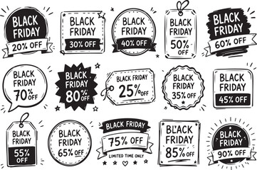 Obraz premium Black friday sale discount tags and labels hand drawn sketch collection Vector