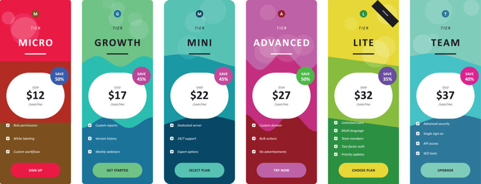 Micro growth mini advanced lite team pricing tiers ui ux design for software subscription services.