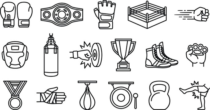 Boxing sport and mma training line icon set with gloves ring belt punch bag and trophy vectors