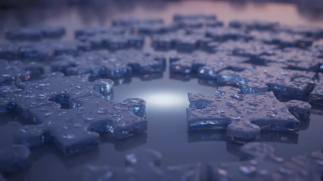 Abstract 3D rendering of floating glassy puzzle pieces on a reflective surface, representing complex problem solving and strategic thinking in a conceptual animation.