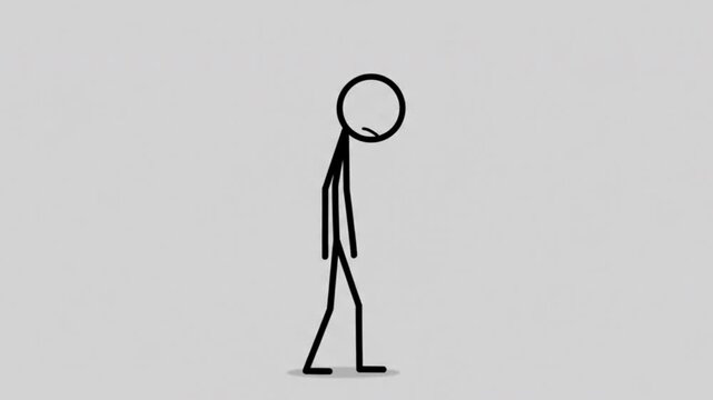 2D stick figure character walking slowly with sad depressed posture and slumping head down on light gray background
