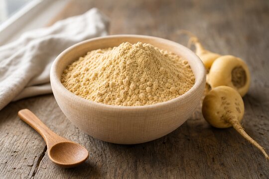 A shallow wooden bowl filled with fine pale yellow maca powder and a spoon.