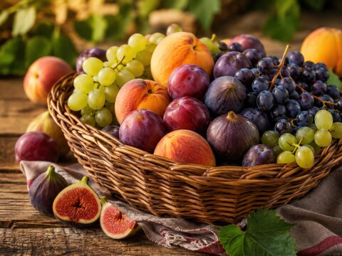 A Beautifully Arranged Basket of Fresh Fruits Featuring Grapes, Figs, Peaches, and Other Seasonal Delights Perfect for Any Table Display