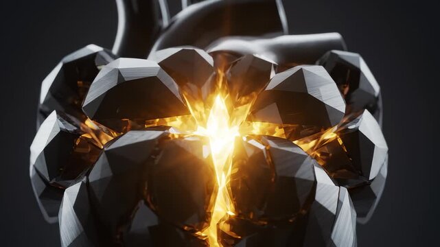 Abstract mechanical heart with glowing core. Futuristic anatomical 3d render of artificial organ, conceptual animation showing pulsating light inside dark metallic geometric crystalline structure.