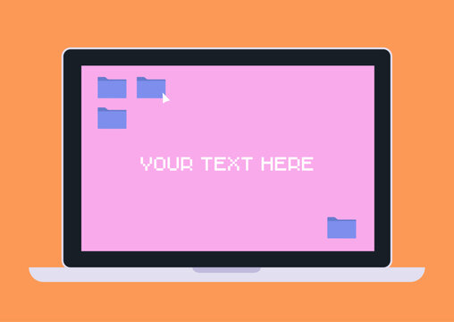 A pixel text template monitor features an editable area with digital folders on a soft colored screen, It invites users to personalize their text within a cheerful, colorful setting.