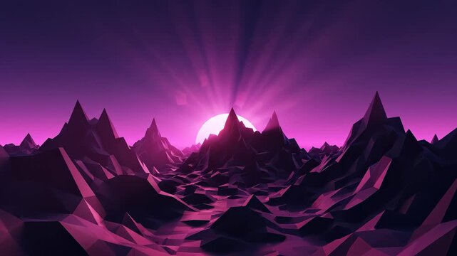Abstract polygonal mountain landscape with vibrant sunset light, featuring a digital low poly terrain aesthetic.