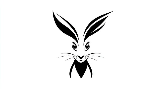 Stylized black and white illustration features the face of a rabbit with long ears