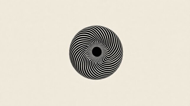 Abstract optical illusion features a hypnotizing swirling black and white toroidal shape centered on a light cream background