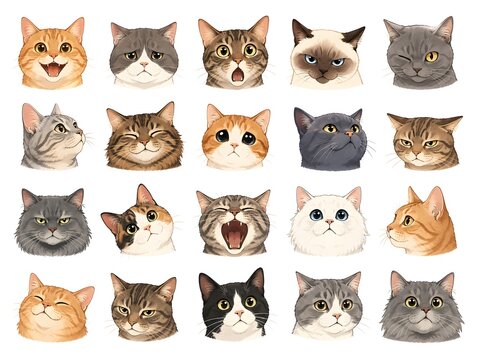 Collection of 20 cat faces with different expressions, cute feline head portraits set, various cat breeds and emotions on white background