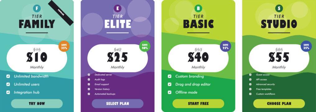 Creative pricing comparison table for business services displaying four subscription plan options.