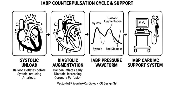 IABP Counterpulsation Ink Black White-Cycle Diastolic Augment Systolic Unload-Cardiac Support Vector-IABP Icon Ink-Cardiology ICU Design Set