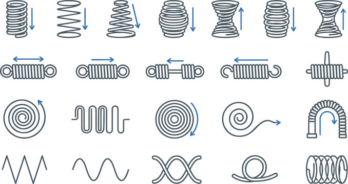 Mechanical spring and coil vector icon set featuring compression, extension, torsion, and spiral wire shapes for engineering and industrial design