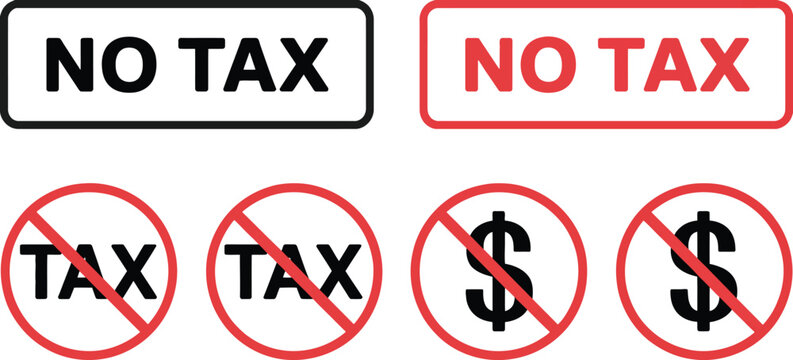 No tax icon sign featuring duty free promotion, tax free symbol, tax boycott concept, financial exemption, and retail pricing graphics.