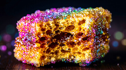 Fototapeta premium A delicious golden honeycomb treat covered in sparkling colorful sugar crystals captured with a macro lens to show the intricate porous texture and vibrant shiny glow
