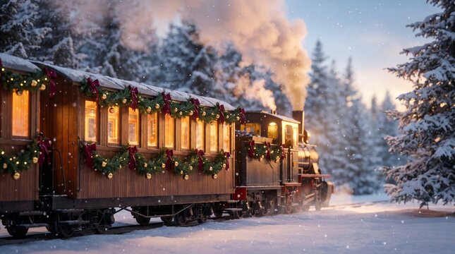 Festive steam train journey through snowy winter wonderland