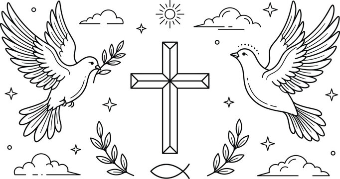 Christian Cross and Flying Dove Line Art Vector Design with Olive Branch Clouds Stars and Holy Ichthys Fish Symbols