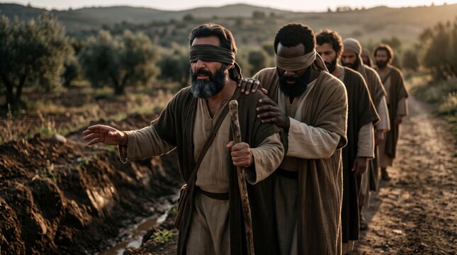 Group of blind men wearing ancient robes walking in line on dusty trail. Biblical metaphor of blind leading blind. Concept of misguided leadership, lack of wisdom and spiritual ignorance.