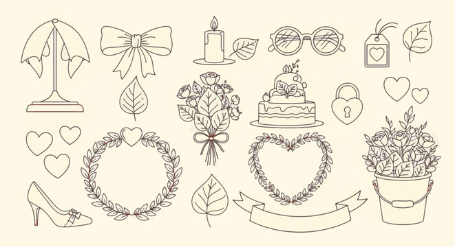 Collection of minimalist thin line art wedding icons featuring floral wreaths, rose bouquets, cake, hearts, high heel shoe, ribbon bow, candle, and botanical leaf design elements.