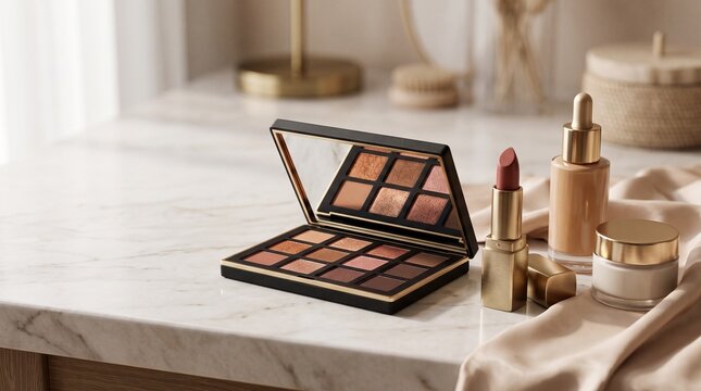 A luxurious makeup collection featuring an eyeshadow palette, lipstick, and foundation bottle elegantly displayed on a white marble vanity.