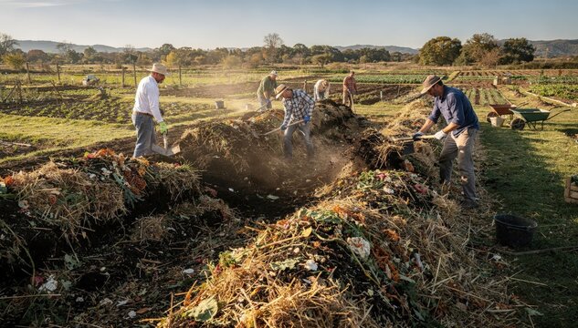 Smallscale compost windrow turning in a field setting emphasizing handson sustainable agriculture and local organic matter recycling techniques.