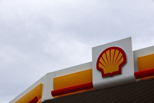 Kiel, Germany - 02. July 2026: Shell brand logo on a gas station roof in Kiel, Germany
