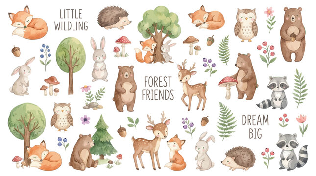Adorable Forest Animal Characters Collection Featuring Cute Fox Rabbit and Deer with Botanical Leaves and Flowers in Soft Pastel Watercolor Style for Nursery Room Wall Art Decor Illustration