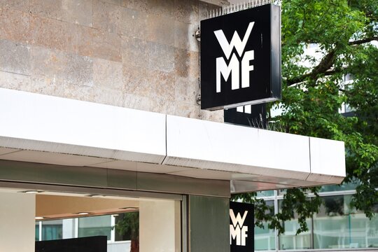 Kiel, Germany - 02. July 2026: WMF brand logo sign on a building in Kiel Germany