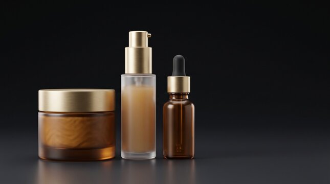 Luxury skincare collection featuring a gold-capped cream jar, frosted pump bottle, and amber dropper on a professional black studio background.