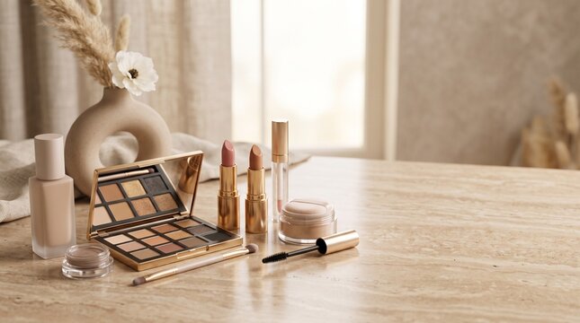 Elegant collection of luxury makeup products in neutral tones arranged on a marble surface with a minimalist aesthetic.