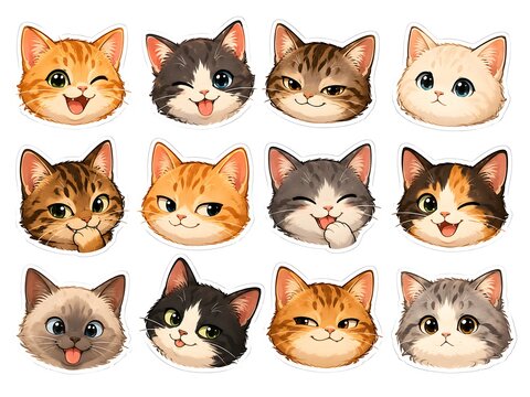 Adorable cat stickers set with 12 cute kitten faces, expressive feline emoji collection, cartoon cat head portraits for digital scrapbooking and stationery