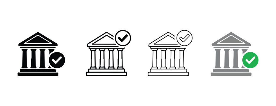 building icons with check marks in different colors and styles for finance and approval concepts  various bank architectures with ticks