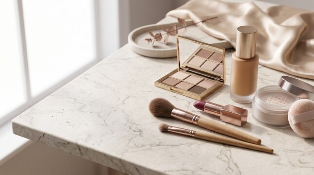 Elegant collection of makeup including foundation, eyeshadow palette, brushes, and lipstick on a white marble surface in soft natural light.