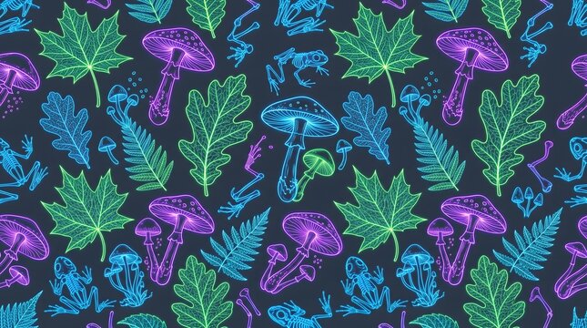 Seamless Neon Forest Pattern with Mushroom, Leaf, Fern and Frog Skeleton on Dark Background