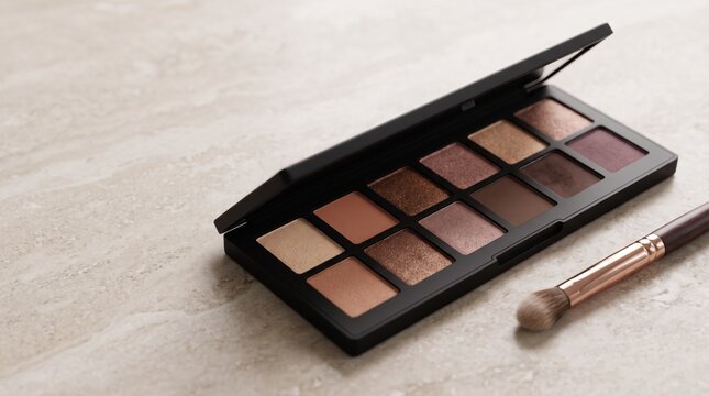 An open eyeshadow palette with twelve neutral earth-toned shades and a blending makeup brush resting on a light marbled surface.