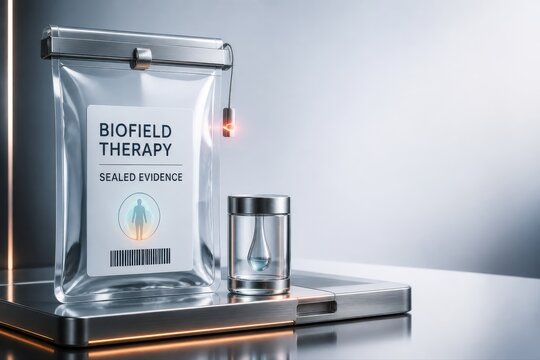 Evidence bag with biofield therapy label in futuristic 3D medical concept