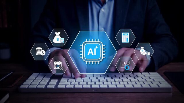 Innovative Financial Management through Artificial Intelligence with Iconic Elements Representing Money, Time, Taxes, and Data Analysis. Bitwise.
